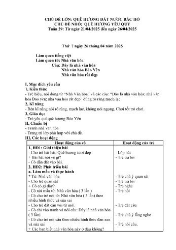 Kế hoạch bài dạy Mầm non Lớp Lá - Tuần 29 - Chủ đề: Quê hương yêu quý - Năm học 2024-2025 - Trường Mầm non số 1 Thượng Hà