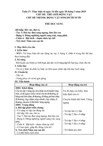 Kế hoạch bài dạy Mầm non Lớp Mầm - Tuần 27: Động vật sống dưới nước - Năm học 2024-2025 - Trường Mầm non số 1 Thượng Hà