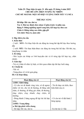 Kế hoạch bài dạy Mầm non Lớp Mầm - Tuần 29 - Chủ đề: Một số hiện tượng thời tiết và mùa - Năm học 2024-2025 - Trường Mầm non số 1 Thượng Hà