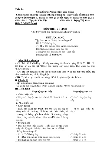 Kế hoạch bài học Mầm non Lớp Chồi - Tuần 24 - Chủ đề: Phương tiện giao thông đường bộ. Ngày quốc tế phụ nữ 8/3 - Năm học 2024-2025 - Nguyễn Văn Hậu