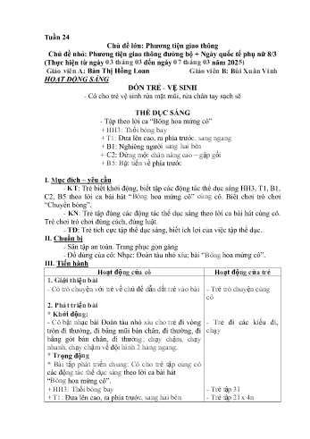 Kế hoạch bài học Mầm non Lớp Chồi - Tuần 25 - Chủ đề: Phương tiện giao thông đường bộ. Ngày quốc tế phụ nữ 8/3 - Năm học 2024-2025 - Bàn Thị Hồng Loan