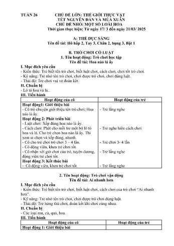 Kế hoạch bài học Mầm non Lớp Chồi - Tuần 26 - Chủ đề: Một số loài hoa - Năm học 2024-2025 - Trường Mầm non Bản Qua