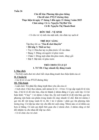 Kế hoạch bài học Mầm non Lớp Chồi - Tuần 26 - Chủ đề: Phương tiện giao thông đường thủy - Năm học 2024-2025 - Nguyễn Thị Hải Yến