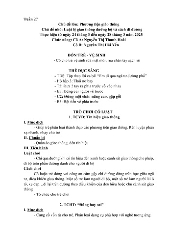 Kế hoạch bài học Mầm non Lớp Chồi - Tuần 27 - Chủ đề: Luật lệ giao thông đường bộ và cách đi đường - Năm học 2024-2025 - Nguyễn Thị Thanh Hoài
