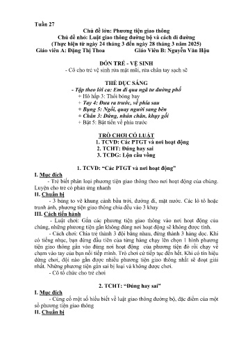 Kế hoạch bài học Mầm non Lớp Chồi - Tuần 27 - Chủ đề: Luật lệ giao thông đường bộ và cách đi đường - Năm học 2024-2025 - Đặng Thị Thoa