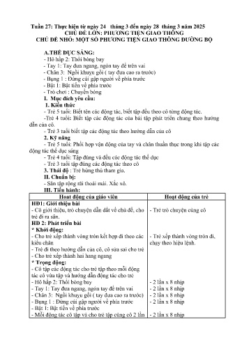 Kế hoạch bài học Mầm non Lớp Chồi - Tuần 27 - Chủ đề: Một số phương tiện giao thông đường bộ - Năm học 2024-2025 - Trường Mầm non Bản Qua