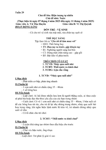 Kế hoạch bài học Mầm non Lớp Chồi - Tuần 29 - Chủ đề: Nước - Năm học 2024-2025 - Vũ Thu Huyền
