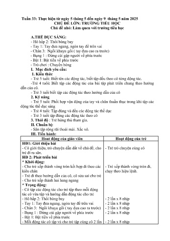 Kế hoạch bài học Mầm non Lớp Chồi - Tuần 33 - Chủ đề: Trường tiểu học - Năm học 2024-2025 - Trường Mầm non Bản Qua