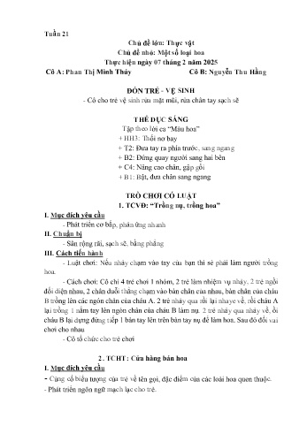 Kế hoạch bài học Mầm non Lớp Lá - Tuần 21 - Chủ đề: Một số loại hoa - Năm học 2024-2025 - Phan Thị Minh Thúy