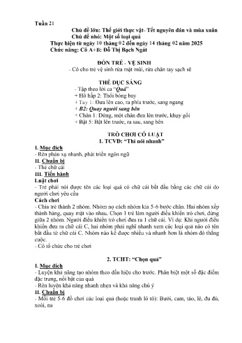 Kế hoạch bài học Mầm non Lớp Lá - Tuần 21 - Chủ đề: Một số loại hoa - Năm học 2024-2025 - Đỗ Thị Bạch Ngát