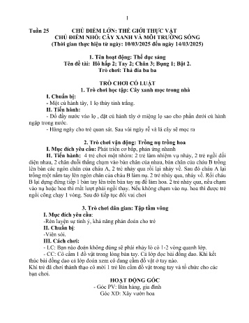 Kế hoạch bài học Mầm non Lớp Lá - Tuần 25 - Chủ đề: Cây xanh và môi trường sống - Năm học 2024-2025 - Trường Mầm non Bản Qua