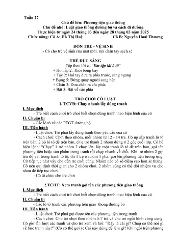 Kế hoạch bài học Mầm non Lớp Lá - Tuần 27 - Chủ đề: Luật giao thông và cách đi đường - Năm học 2024-2025 - Hồ Thị Huệ