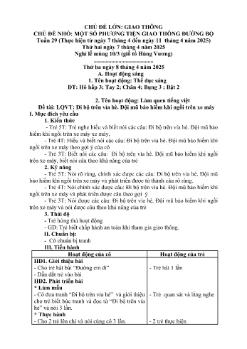 Kế hoạch bài học Mầm non Lớp Lá - Tuần 29 - Chủ đề: Một số phương tiện giao thông đường bộ - Năm học 2024-2025 - Trường Mầm non Bản Qua