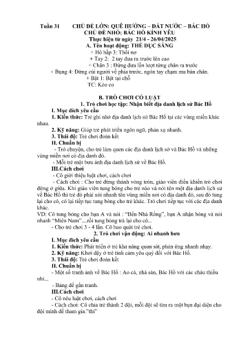 Kế hoạch bài học Mầm non Lớp Lá - Tuần 31 - Chủ đề: Bác Hồ kính yêu - Năm học 2024-2025 - Trường Mầm non Bản Qua