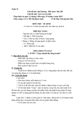 Kế hoạch bài học Mầm non Lớp Lá - Tuần 31 - Chủ đề: Lào Cai yêu dấu - Năm học 2024-2025 - Đỗ Thị Bạch Ngát