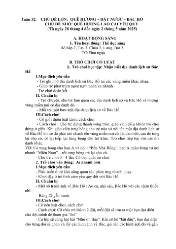 Kế hoạch bài học Mầm non Lớp Lá - Tuần 32 - Chủ đề: Quê hương Lào Cai yêu quý - Năm học 2024-2025 - Trường Mầm non Bản Qua