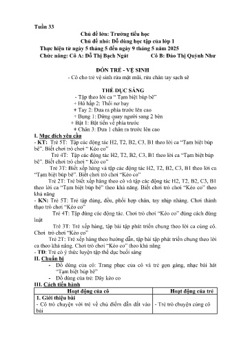 Kế hoạch bài học Mầm non Lớp Lá - Tuần 33 - Chủ đề: Đồ dùng học tập của học sinh lớp 1 - Năm học 2024-2025 - Đỗ Thị Bạch Ngát