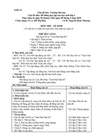 Kế hoạch bài học Mầm non Lớp Lá - Tuần 33 - Chủ đề: Đồ dùng học tập của học sinh lớp 1 - Năm học 2024-2025 - Hồ Thị Huệ
