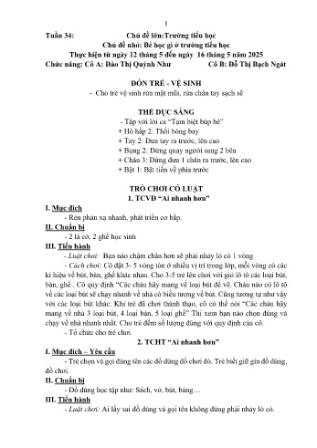 Kế hoạch bài học Mầm non Lớp Lá - Tuần 34 - Chủ đề: Bé học gì ở trường tiểu học - Năm học 2024-2025 - Đào Thị Quỳnh Như