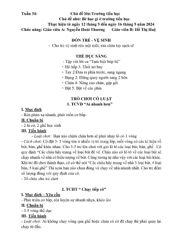 Kế hoạch bài học Mầm non Lớp Lá - Tuần 34 - Chủ đề: Bé học gì ở trường tiểu học - Năm học 2024-2025 - Nguyễn Hoài Thương