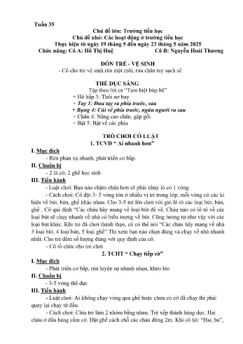 Kế hoạch bài học Mầm non Lớp Lá - Tuần 35 - Chủ đề: Đồ dùng học tập của học sinh lớp 1 - Năm học 2024-2025 - Hồ Thị Huệ