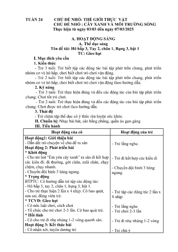 Kế hoạch bài học Mầm non Lớp Mầm - Tuần 24 - Chủ đề: Cây xanh và môi trường sống - Năm học 2024-2025 - Trường Mầm non Bản Qua