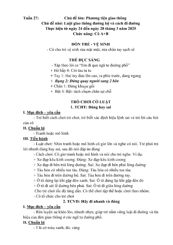 Kế hoạch bài học Mầm non Lớp Mầm - Tuần 27 - Chủ đề: Luật giao thông đường bộ và cách đi đường - Năm học 2024-2025 - Hoàng Thị Tuyết