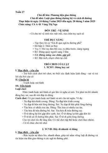Kế hoạch bài học Mầm non Lớp Mầm - Tuần 27 - Chủ đề: Luật giao thông đường bộ và cách đi đường - Năm học 2024-2025 - Vàng Thị Nga