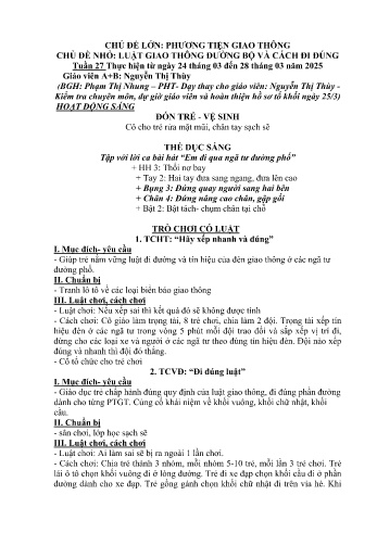 Kế hoạch bài học Mầm non Lớp Mầm - Tuần 27 - Chủ đề: Luật giao thông đường bộ và cách đi đúng - Năm học 2024-2025 - Nguyễn Thị Thùy