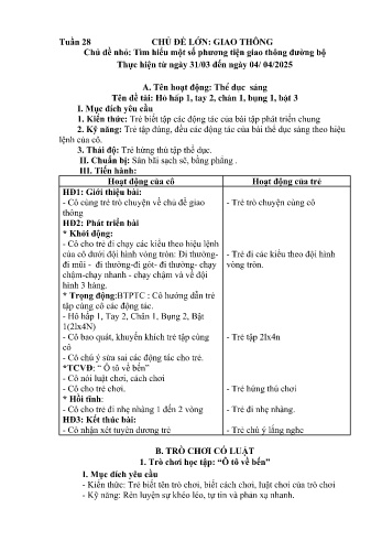 Kế hoạch bài học Mầm non Lớp Mầm - Tuần 28 - Chủ đề: Tìm hiểu một số phương tiện giao thông đường bộ - Năm học 2024-2025 - Trường Mầm non Bản Qua