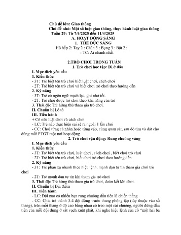 Kế hoạch bài học Mầm non Lớp Mầm - Tuần 29 - Chủ đề: Một số luật giao thông thực hành luật giao thông - Năm học 2024-2025 - Trường Mầm non Bản Qua