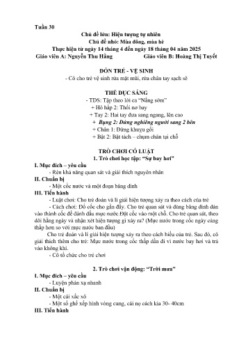 Kế hoạch bài học Mầm non Lớp Mầm - Tuần 30 - Chủ đề: Mùa Đông, mùa Hè - Năm học 2024-2025 - Nguyễn Thu Hằng