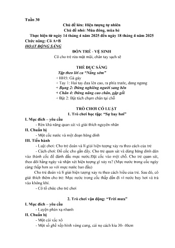 Kế hoạch bài học Mầm non Lớp Mầm - Tuần 30 - Chủ đề: Mùa Đông, mùa Hè - Năm học 2024-2025 - Vàng Thị Nga
