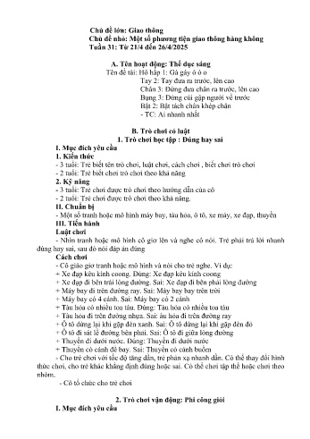 Kế hoạch bài học Mầm non Lớp Mầm - Tuần 31 - Chủ đề: Một số phương tiện giao thông hàng không - Năm học 2024-2025 - Trường Mầm non Bản Qua