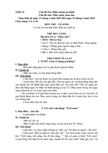 Kế hoạch bài học Mầm non Lớp Mầm - Tuần 31 - Chủ đề: Mùa Xuân, mùa Thu - Năm học 2024-2025 - Vàng Thị Nga