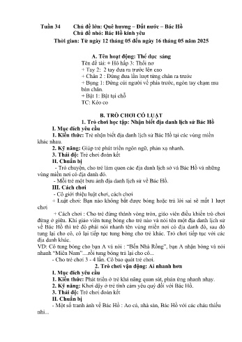 Kế hoạch bài học Mầm non Lớp Mầm - Tuần 34 - Chủ đề: Bác Hồ kính yêu - Năm học 2024-2025 - Trường Mầm non Bản Qua