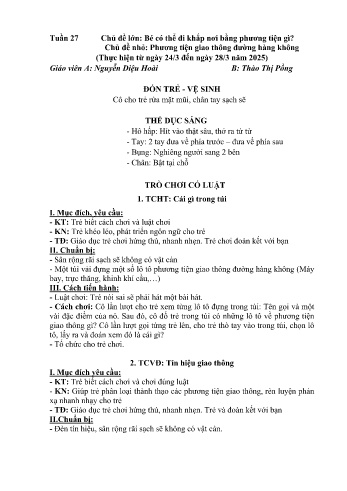 Kế hoạch bài học Mầm non Lớp Nhà trẻ - Tuần 27 - Chủ đề: Phương tiện giao thông đường hàng không - Năm học 2024-2025 - Nguyễn Diệu Hoài