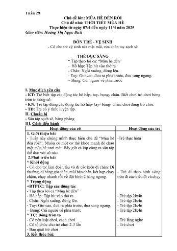 Kế hoạch bài học Mầm non Lớp Nhà trẻ - Tuần 29 - Chủ đề: Thời tiết mùa hè - Năm học 2024-2025 - Hoàng Thị Ngọc Bích