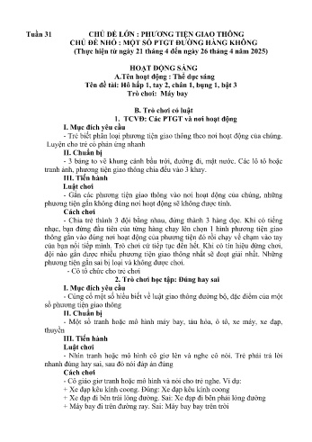 Kế hoạch bài học Mầm non Lớp Nhà trẻ - Tuần 31 - Chủ đề: Một số PTGT đường hàng không - Năm học 2024-2025 - Trường Mầm non Bản Qua