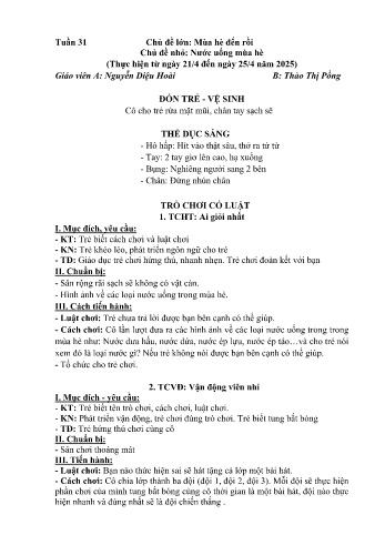 Kế hoạch bài học Mầm non Lớp Nhà trẻ - Tuần 31 - Chủ đề: Nước uống màu hè - Năm học 2024-2025 - Nguyễn Diệu Hoài