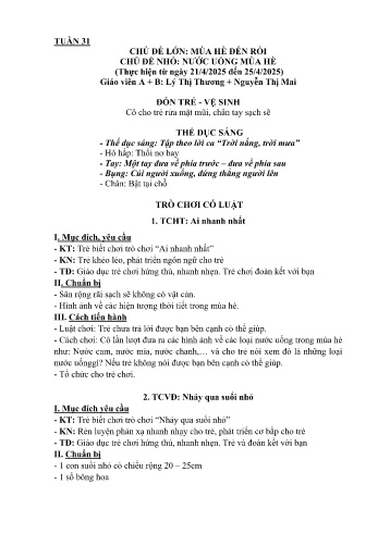 Kế hoạch bài học Mầm non Lớp Nhà trẻ - Tuần 31 - Chủ đề: Nước uống màu hè - Năm học 2024-2025 - Lý Thị Thương