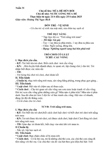 Kế hoạch bài học Mầm non Lớp Nhà trẻ - Tuần 31 - Chủ đề: Nước uống màu hè - Năm học 2024-2025 - Hoàng Thị Ngọc Bích