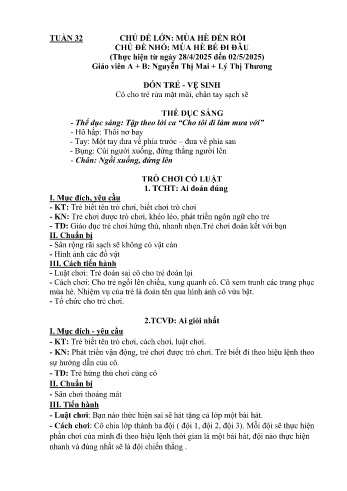 Kế hoạch bài học Mầm non Lớp Nhà trẻ - Tuần 32 - Chủ đề: Mùa hè bé đi đâu - Năm học 2024-2025 - Nguyễn Thị Mai