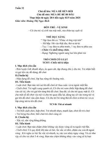 Kế hoạch bài học Mầm non Lớp Nhà trẻ - Tuần 32 - Chủ đề: Mùa hè bé đi đâu - Năm học 2024-2025 - Hoàng Thị Ngọc Bích