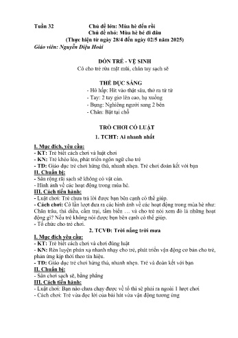 Kế hoạch bài học Mầm non Lớp Nhà trẻ - Tuần 32 - Chủ đề: Mùa hè bé đi đâu - Năm học 2024-2025 - Nguyễn Diệu Hoài