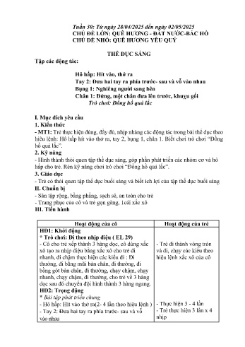 Kế hoạch Mầm non Lớp Mầm - Tuần 30 - Chủ đề: Quê hương yêu quý - Năm học 2024-2025 - Trường Mầm non số 1 Thượng Hà