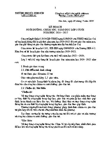 Kế hoạch nuôi dưỡng, chăm sóc, giáo dục lớp 3 tuổi - Năm học 2024-2025 - Trường Mầm non số 1 Kim Sơn