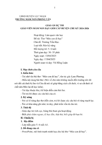 Bài giảng Mầm non Lớp Lá - Chủ đề: Trường Tiểu học - Đề tài: Thơ Mèo con đi học - Năm học 2024-2025 - Vũ Hồng Luận