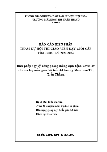 Biện pháp dạy kỹ năng phòng chống dịch bệnh Covid 19 cho trẻ lớp mẫu giáo 5-6 tuổi A4 trường Mầm non Thị trấn Thắng