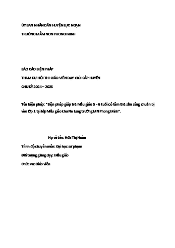Biện pháp giúp trẻ Mẫu giáo 5 - 6 tuổi có tâm thế sẵn sàng chuẩn bị vào lớp 1 tại lớp Mẫu giáo khu Na Lang trường Mầm non Phong Minh